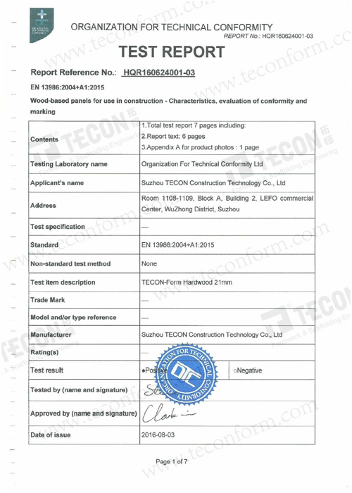 Hardwood Plywood 21mm CE Test Report