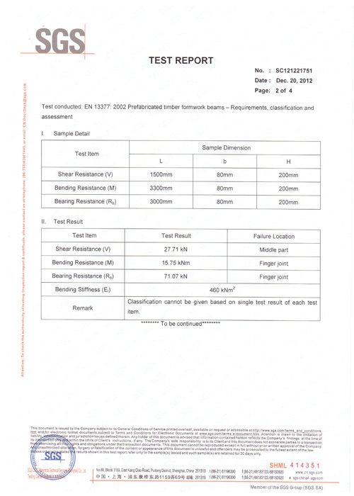 H20 Timber Beam SGS Test Report