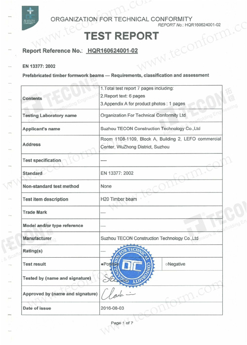 H20 Timber Beam CE Test Report