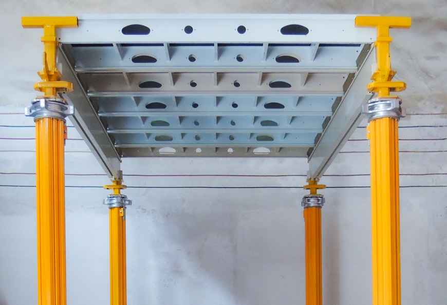 Tecon Aludeck Slab Formwork is Consisted of Five Components, Aluminum Panel, Main Beam, Early Stripping Head, Tmp Aluminium Prop and Truss Frame Bracing